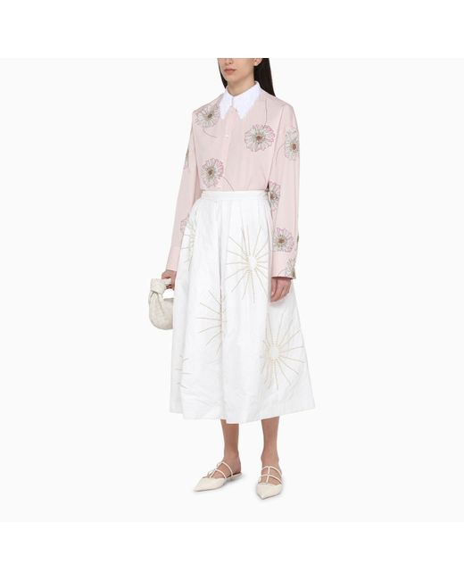 Dries Van Noten White Wide Midi Skirt With Embroidery