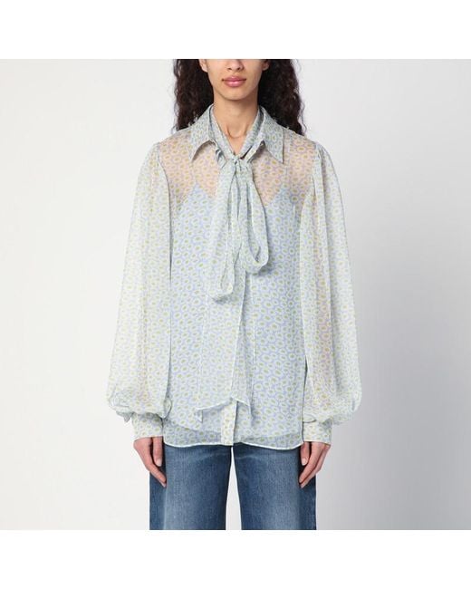 Gucci Blue Floral Print Chiffon Silk Shirt