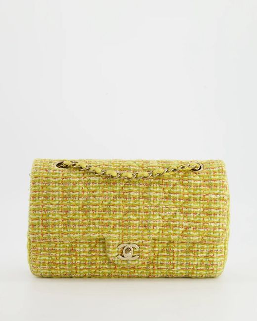 Chanel Yellow Tweed Medium Classic Double Flap Bag With Champagne
