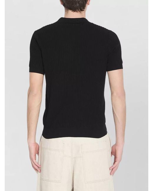 Roberto Collina Black Rib Knit Polo Shirt Chest Pocket for men