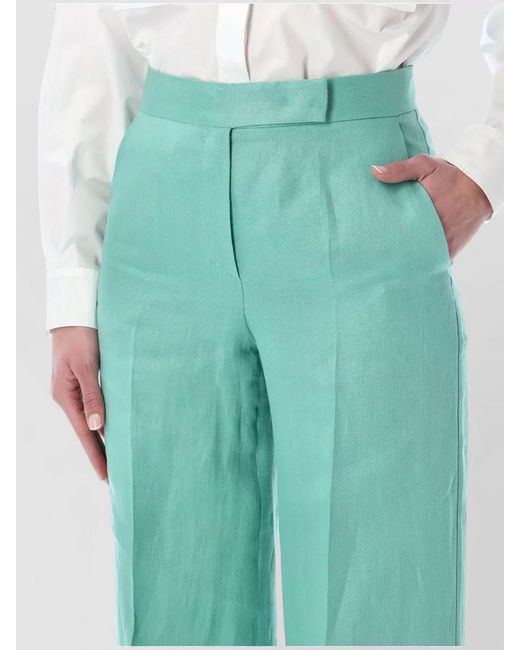Max Mara Green Wide Leg Linen Chevron Tailored Trousers