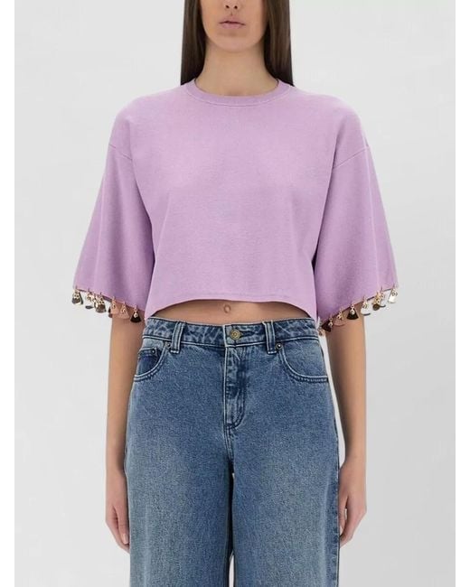 Rabanne Purple Knit Crop Top Round Neck Short Sleeves