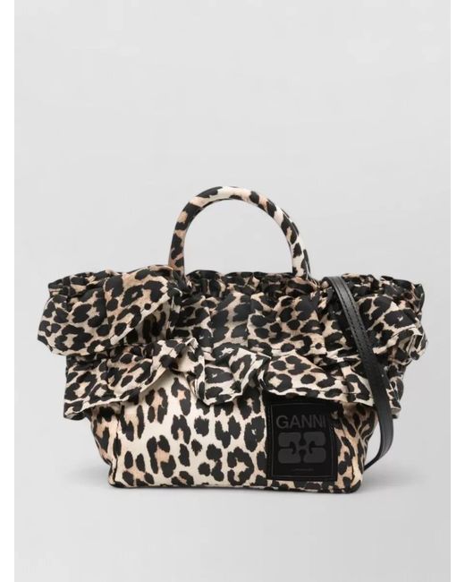 Ganni Black Mini Shopper Bag Leopard Print Ruffles Strap