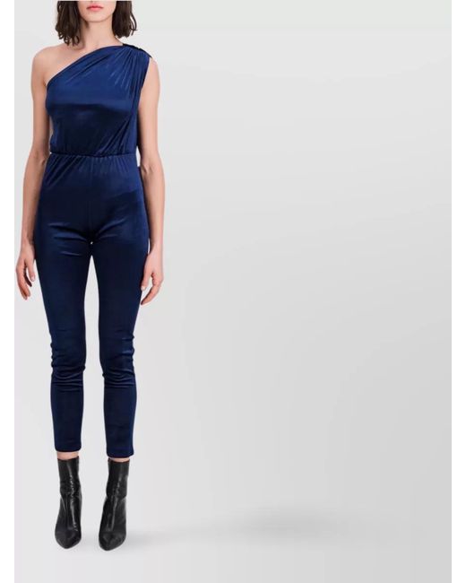 Atlein Blue Velvet One-Shoulder Bodycon Catsuit