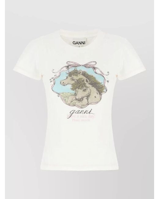 Ganni White Cotton Crew Neck Graphic Print T Shirt
