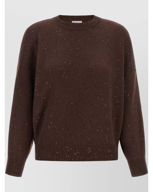 Brunello Cucinelli Brown Diamante Sequin Cashmere Silk Crew Sweater