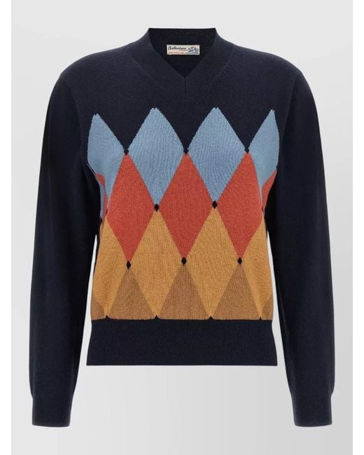 Ballantyne Blue Cashmere Argyle V-Neck Jumper