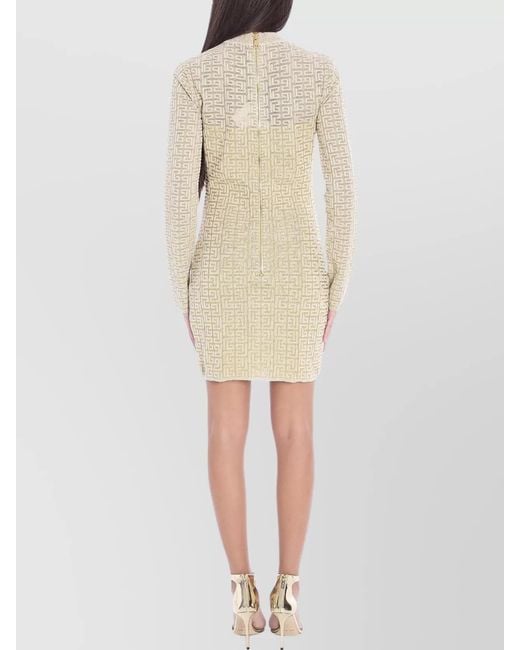 Balmain Natural Metallic Knit Monogram Long-Sleeve Mini Dress