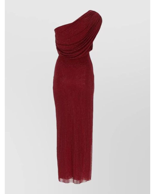 Self-Portrait Red Rhinestone Embellished Draped Off Shoulder Midi Dress