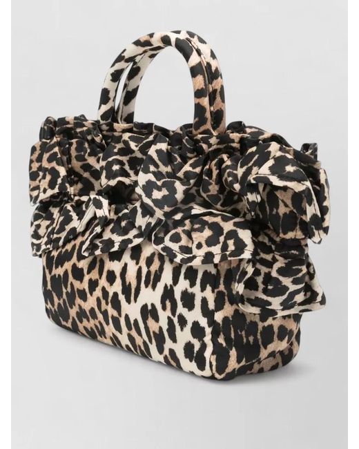 Ganni Black Mini Shopper Bag Leopard Print Ruffles Strap