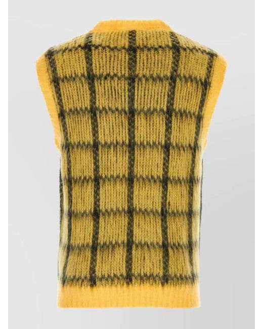 Marni Yellow Ribbed V-Neck Embroidered Check Vest for men