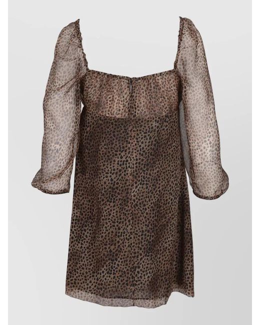 Saint Laurent Brown Silk Dress Leopard Motif Square Neckline