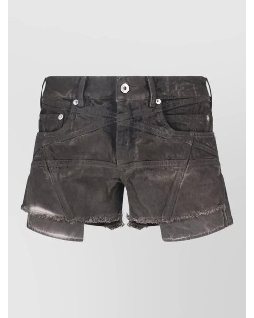 Rick Owens Black Straight Shorts Frayed Hem Distressed Finish Pockets