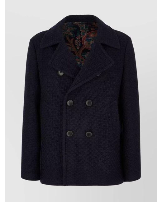 Etro Blue Wool Coat With Lapels And Decorative Buttons for men