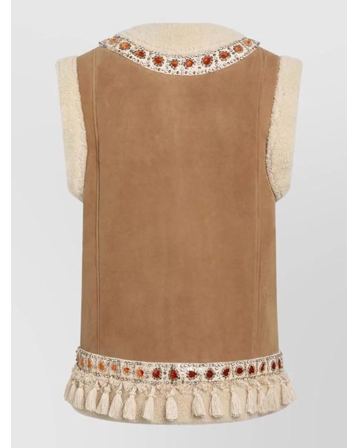 Valentino Natural Sleeveless Coat Embellished Tassels Unique Trim