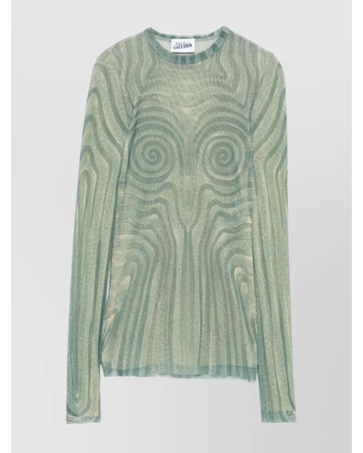 Jean Paul Gaultier Green Crew Neck Sheer Spiral Print Top