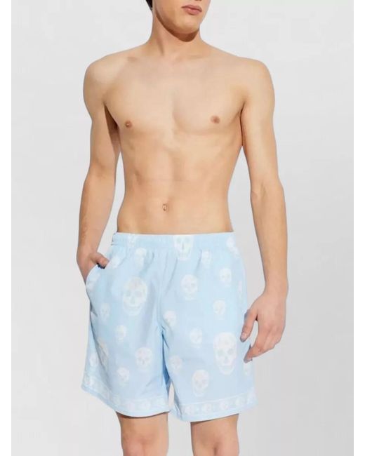 McQueen Blue Skull Swim Shorts Side Pockets Design for men