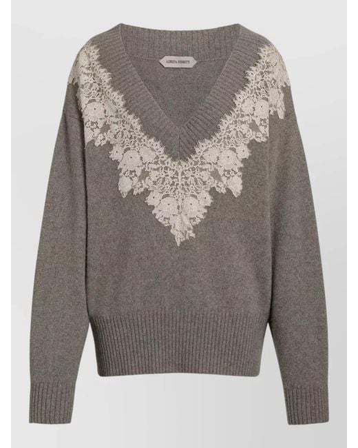 Alberta Ferretti Gray Knit Top V Neckline Lace Trim