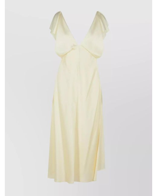 Jil Sander White V-Neckline Draped Midi Dress Backless Ruffled