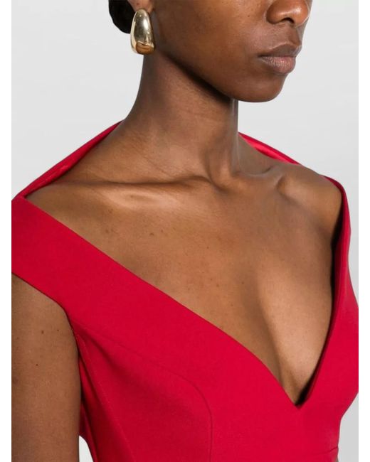 Solace London Red Midi Dress Off Shoulder V Neckline