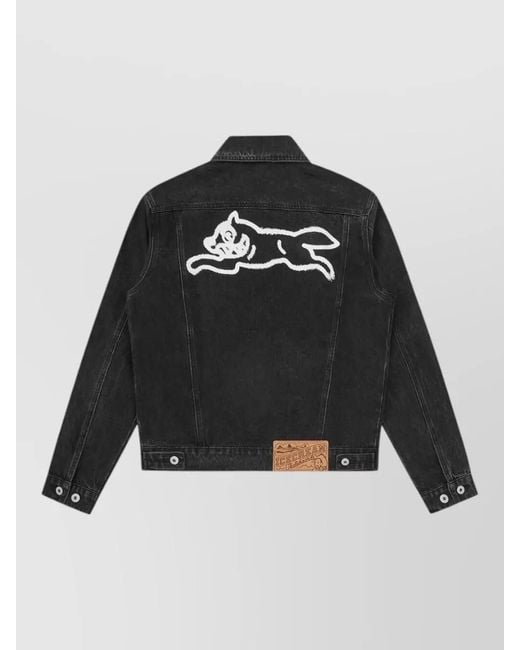 ICECREAM Black Denim Jacket Long Sleeves Point Collar Embroidery for men