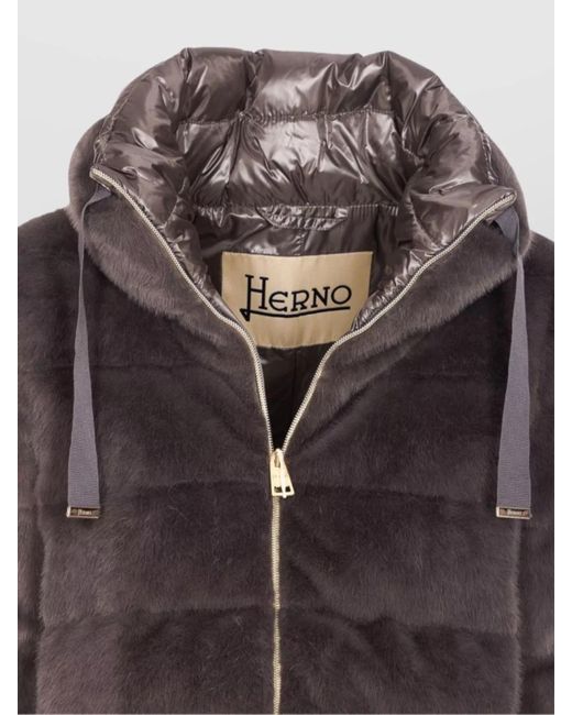 Herno Gray Faux Fur High Neck Down Jacket