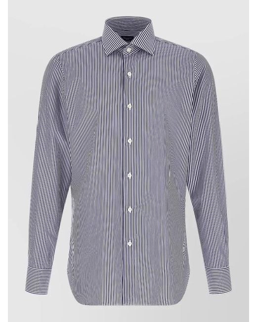 Finamore 1925 Blue Napoli Striped Shirt Button Down Collar for men
