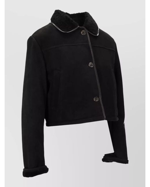 LA ROSE Black Shearling Collar Cropped Leather Jacket
