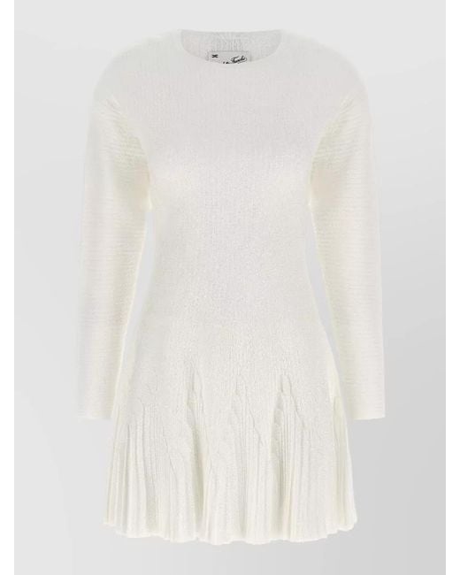 Elisabetta Franchi White Knit Dress Long Sleeves Pleated Round Neck