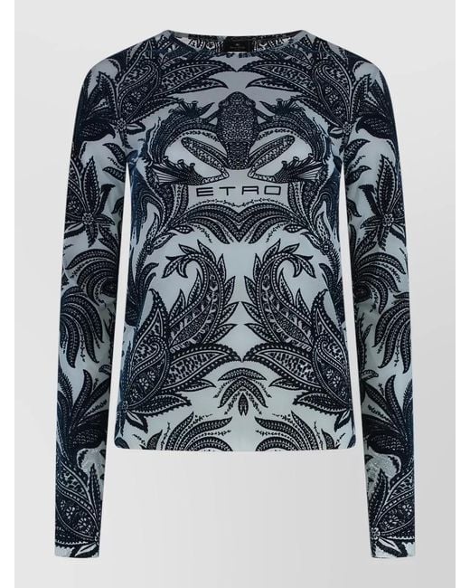 Etro Blue Tulle Top Velvet Print Floral Motif