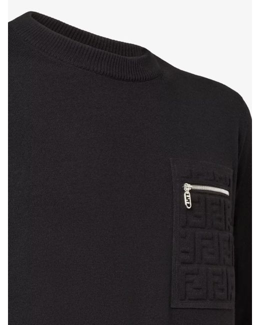 Fendi Black Virgin Wool Regular-Fit Crew-Neck Sweater for men
