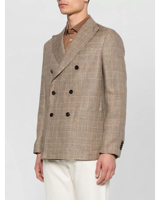 Boglioli Natural Linen Double Breasted Checked Peak Lapel Jacket for men
