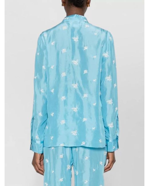 Forte_forte Blue Silk Shirt Floral Embroidery Long Sleeves Pocket
