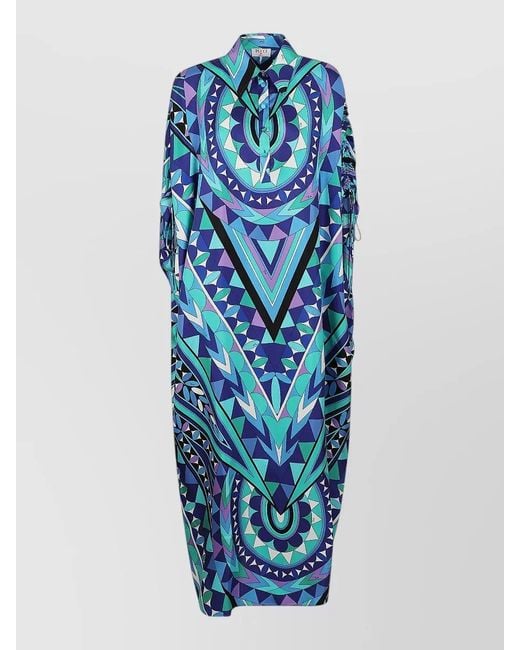 Emilio Pucci Blue Kaftan Dress Drawstring Detail Geometric Pattern
