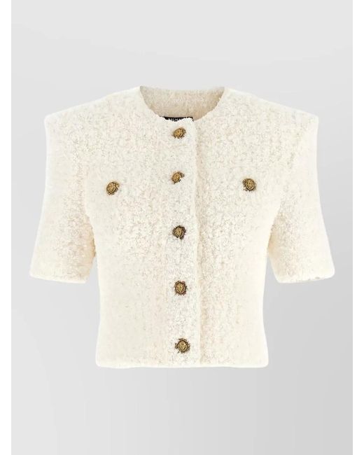 Balmain Natural Tweed Knit Cardigan Short Sleeves Buttons