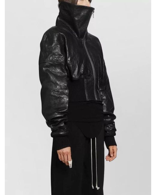 Rick Owens Blue Cropped Leather Bomber Jacket Padded Collar