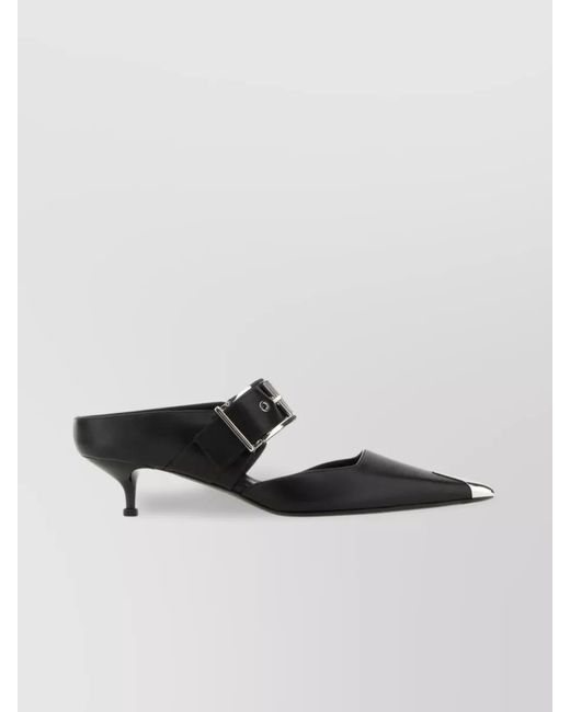McQueen Black Leather Buckled Mules