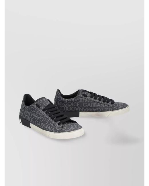 Dolce & Gabbana Black Leather And Fabric Low-Top Sneakers With All-Over Motif for men
