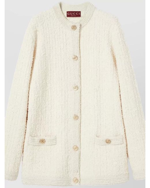 Gucci Natural Bouclé Lamé Wool Crewneck Cardigan