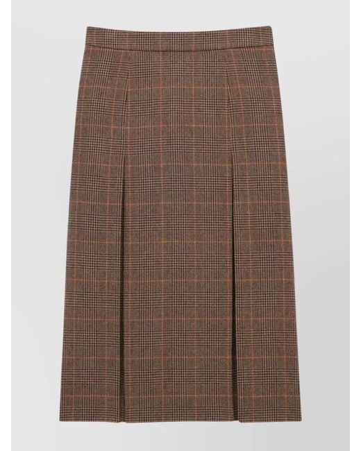 Saint Laurent Brown Wool Cashmere Checked Pleated Midi Skirt