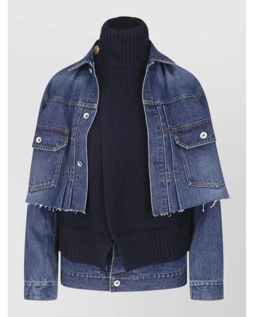 Sacai Blue Denim Cropped Jacket Contrast Knit Layered