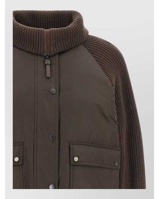 Brunello Cucinelli Brown Cropped Boxy Down Jacket Knit Sleeves