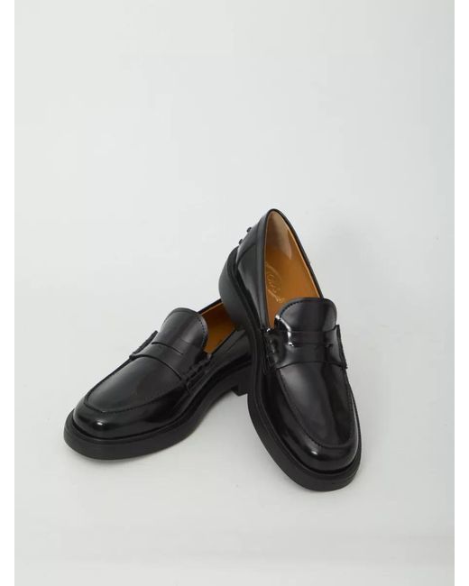 Tod's Black Leather Apron Front Loafers Rubber Sole