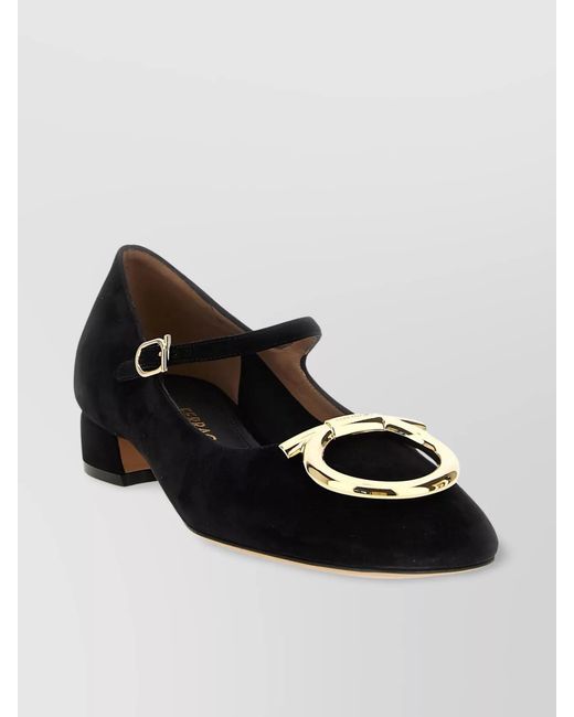 Ferragamo Black Leather Mary Jane Ballerina Shoes