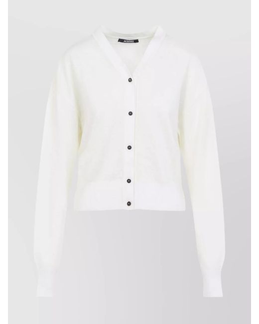 Jacquemus White Merino Wool V-Neck Ribbed Hem Cardigan