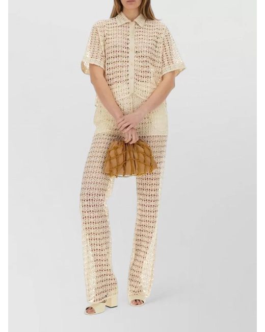 Alysi Natural Crochet Shirt Cropped Sheer Short Sleeves Collar