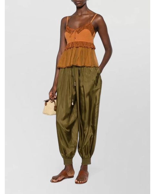 Chloé Orange Silk Lace-Trim Sweetheart Neck Sleeveless Blouse