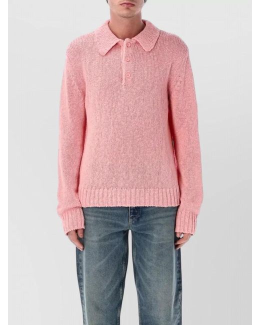 sunflower Pink Cotton Linen Knit Long Sleeve Polo for men