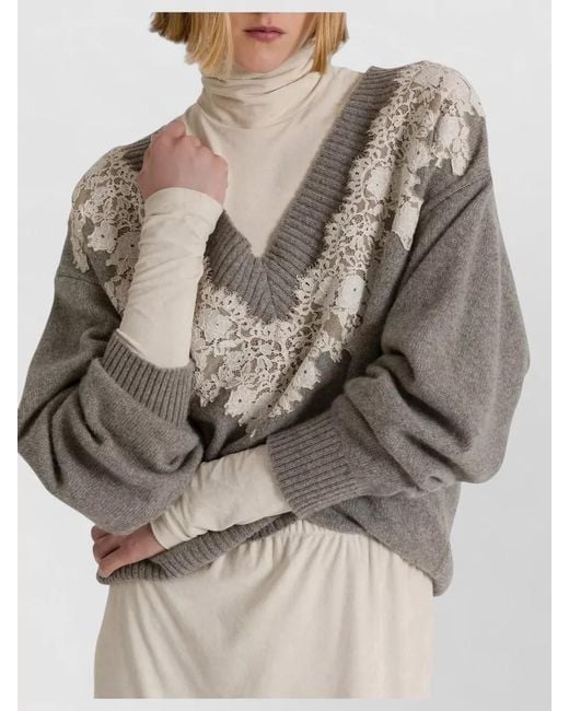 Alberta Ferretti Gray Knit Top V Neckline Lace Trim