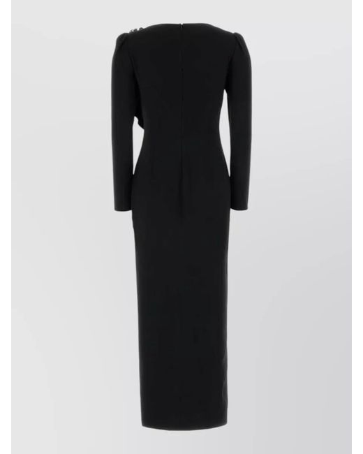 Alessandra Rich Black Long Cady Dress Detailed Shoulders Sleeves